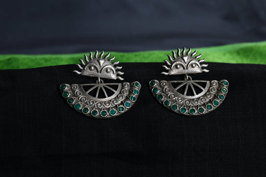 Surya Motif Premium German Silver Earrings with green Stones - The Soul Jewellery