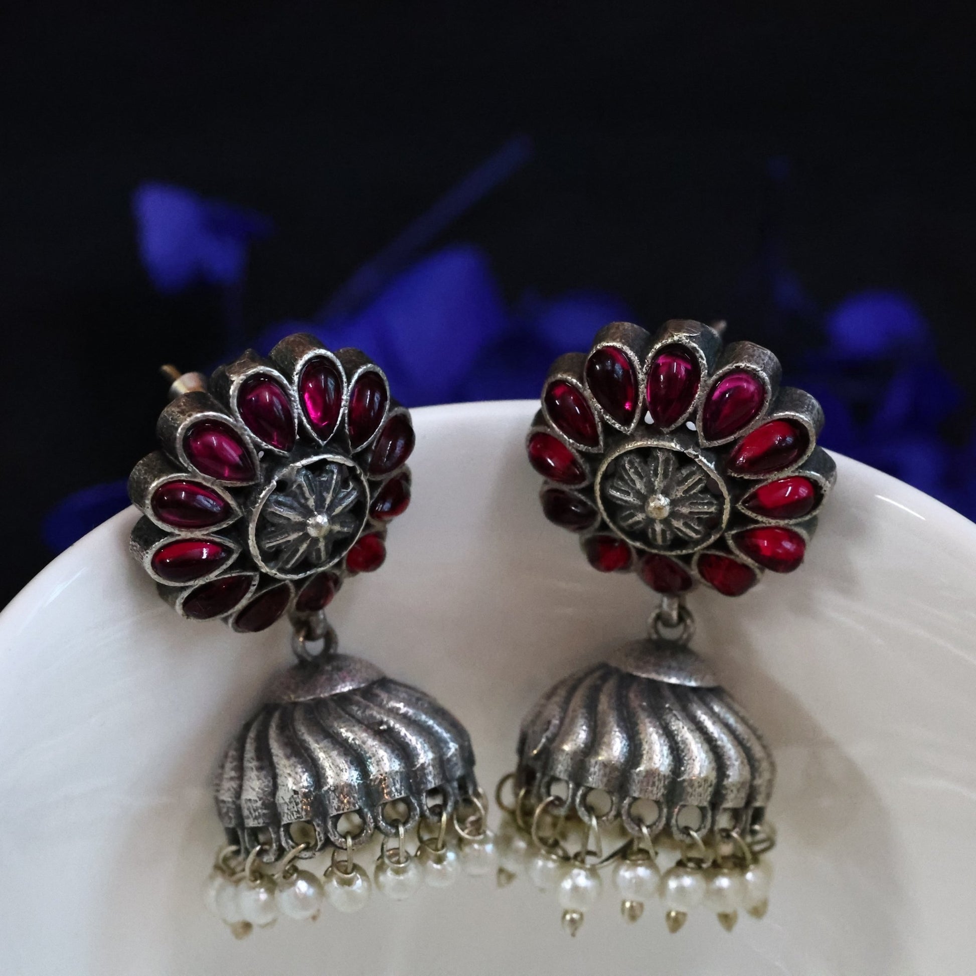 German Silver Oxidized Flower Jhumka with Monalisa Red Stones - The Soul Jewellery