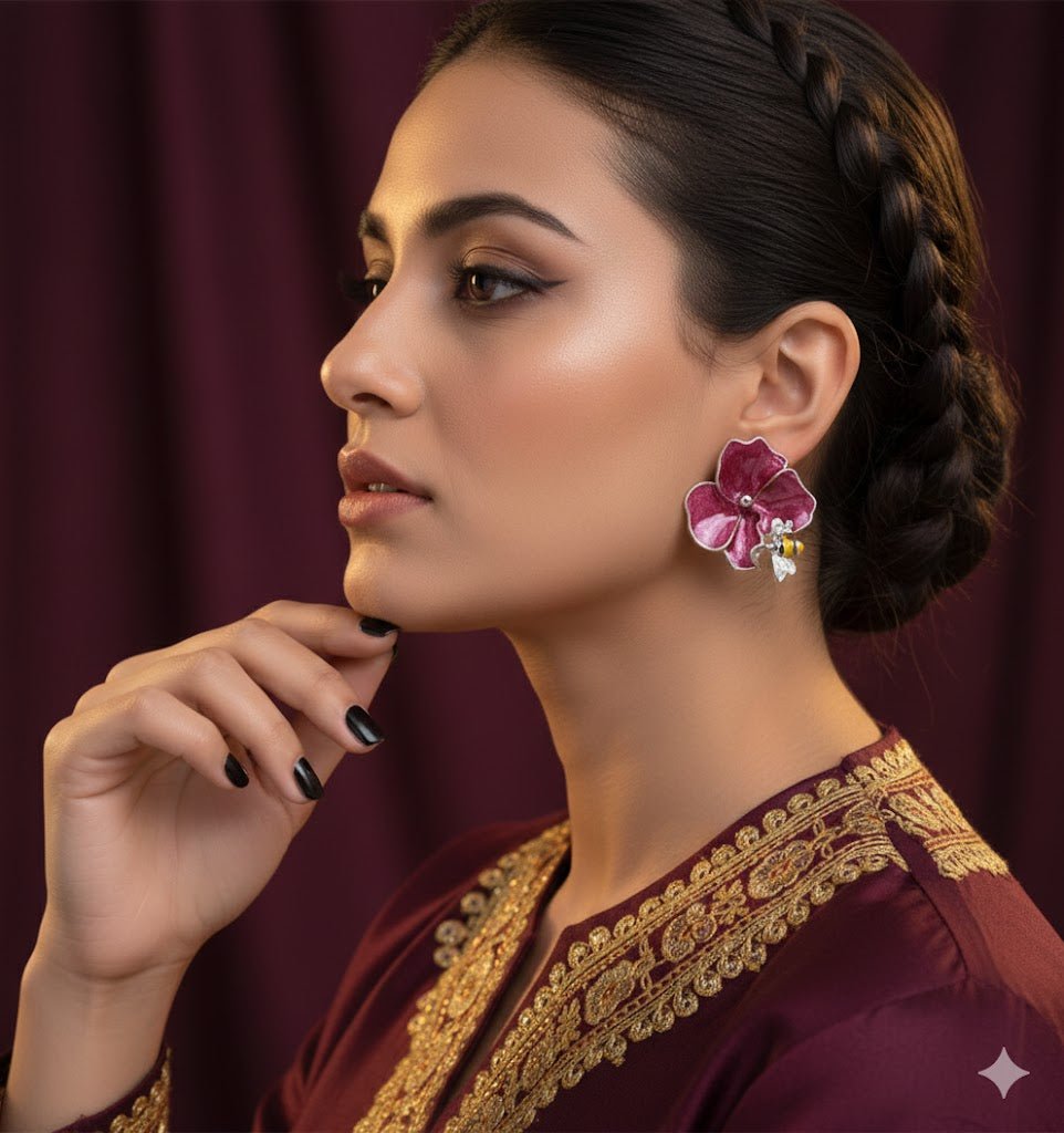 Demi - Fine Red Enamel Flower Bumblebee Earrings | Floral Statement Retro Bee Stud Jewelry - The Soul Jewellery