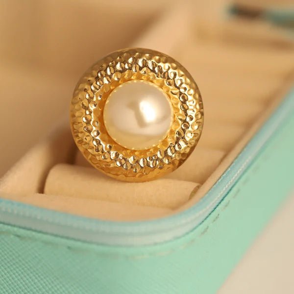Minimal Pearl Adjustable Ring | Anti - Tarnish Gold Ring with Hammered Design - The Soul Jewellery