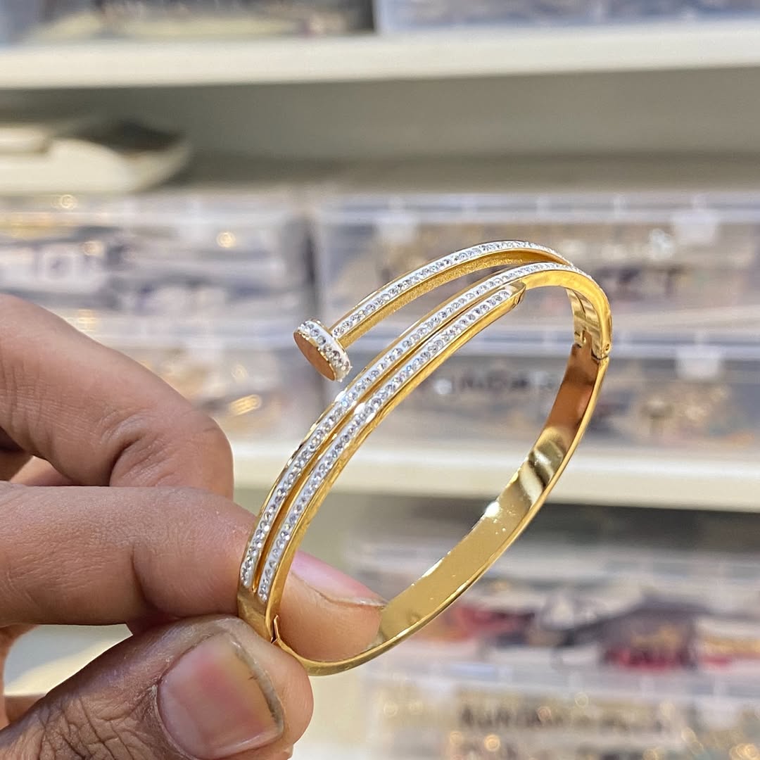 Demi - Fine CZ Studded Triple - Line Nail Bracelet | Gold - Plated Stainless - Steel Bangle for Women - The Soul Jewellery