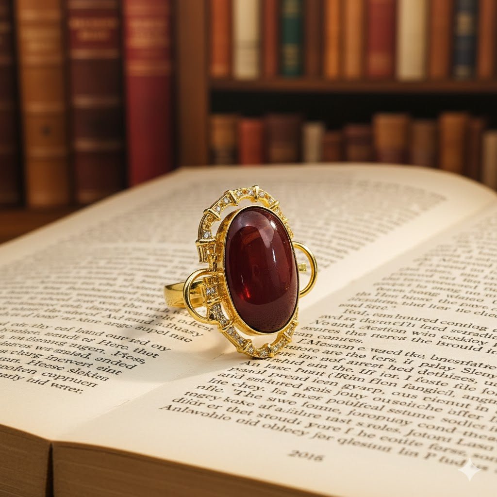 Premium Gold - Plated Brass Ring with Maroon Natural Stone – Elegant Oval Statement Ring for Women with CZ Detailing - The Soul Jewellery
