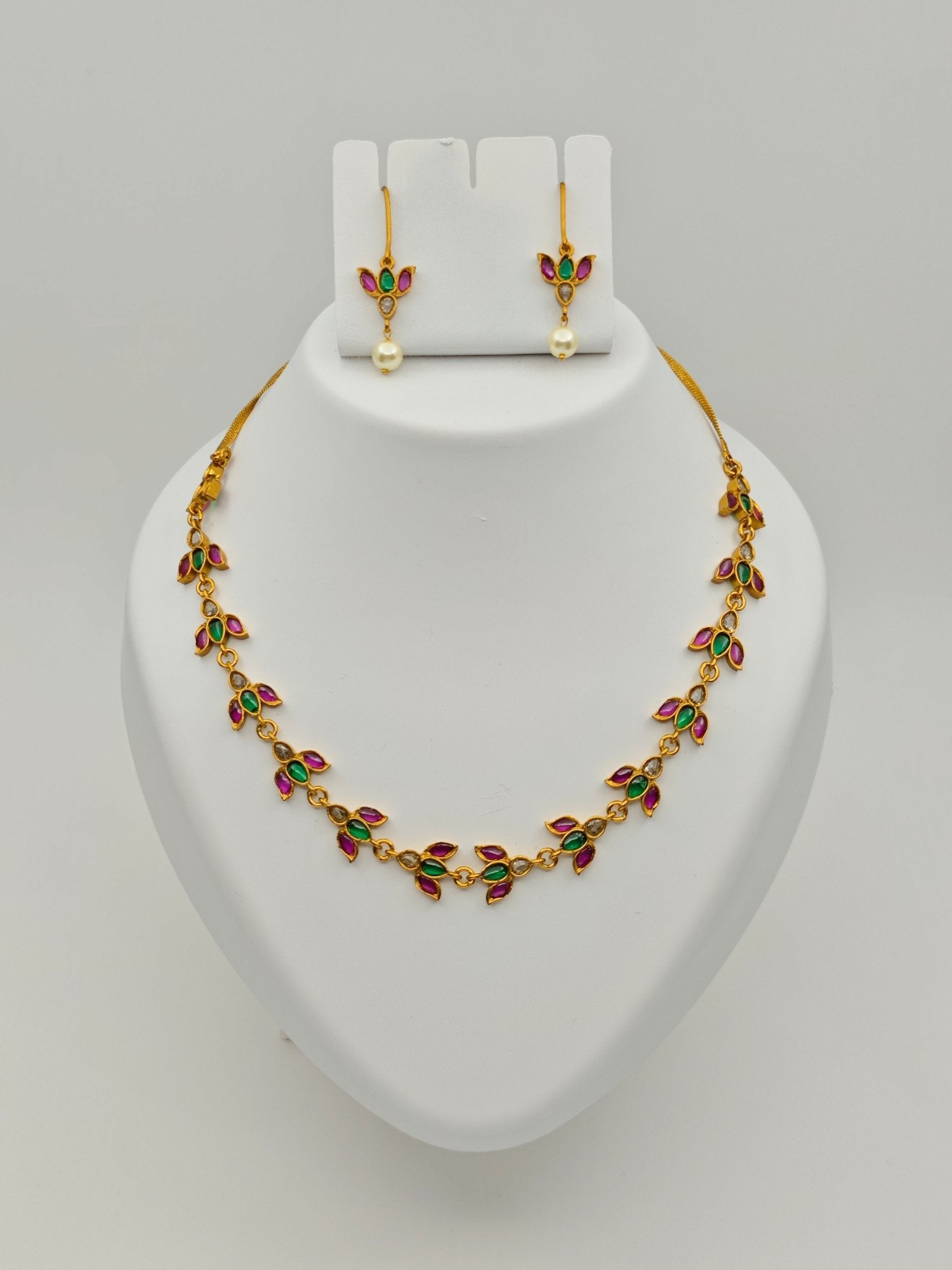 Royal Lotus Heritage™ Traditional Temple Necklace Set for Women – Gold Plated South Indian Floral Design with Ruby Green Stones & Pearl Drop Earrings - The Soul Jewellery