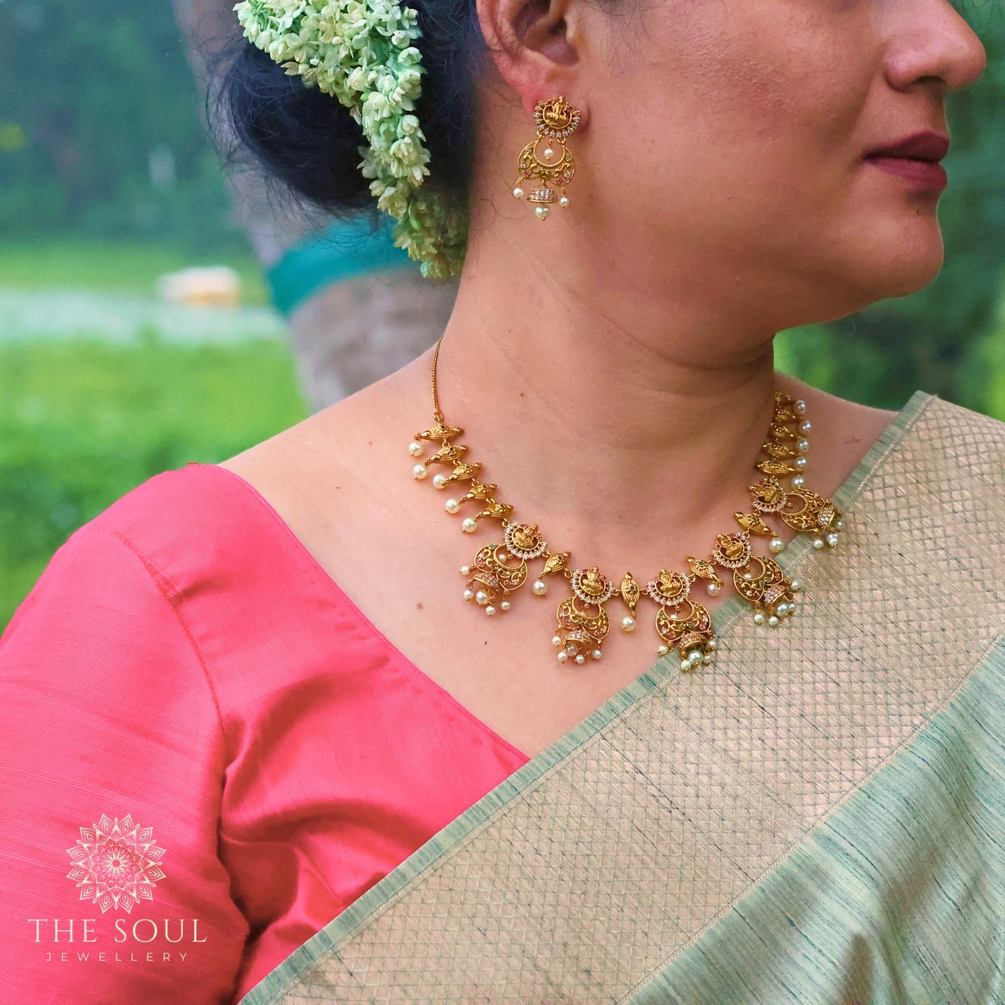 Indu Antique Matte Gold Plated Short Temple Necklace Set with Lakshmi Devi Motif - The Soul Jewellery