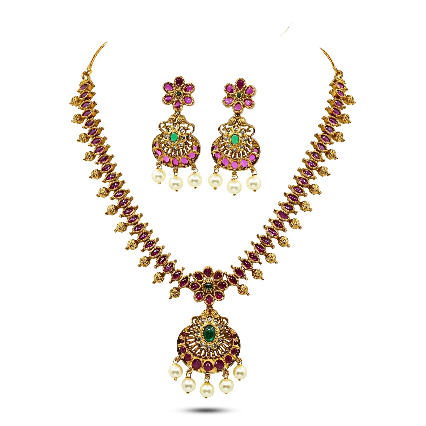 Saroja Antique Matte Gold Plated Short Necklace Set with Floral Design - The Soul Jewellery