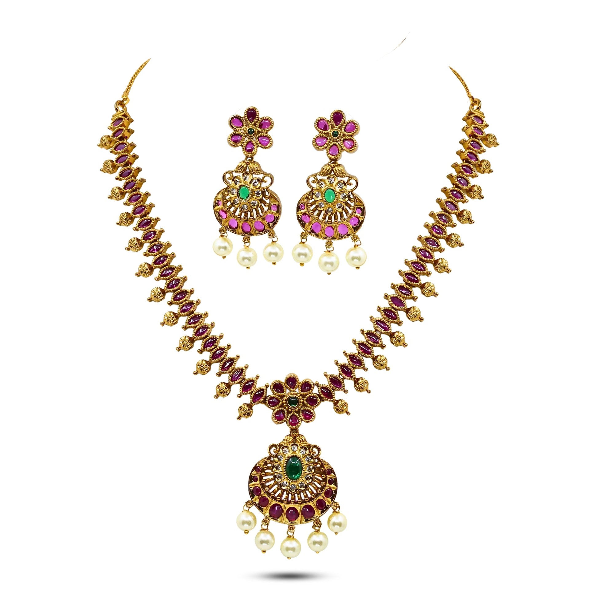 Saroja Antique Matte Gold Plated Short Necklace Set with Floral Design - The Soul Jewellery
