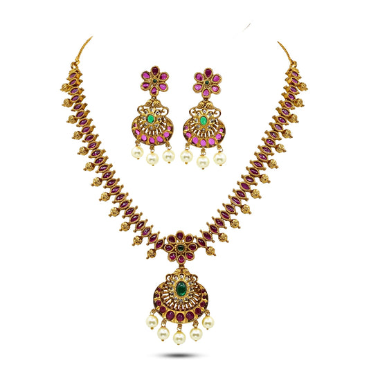 Saroja Antique Matte Gold Plated Short Necklace Set with Floral Design - The Soul Jewellery