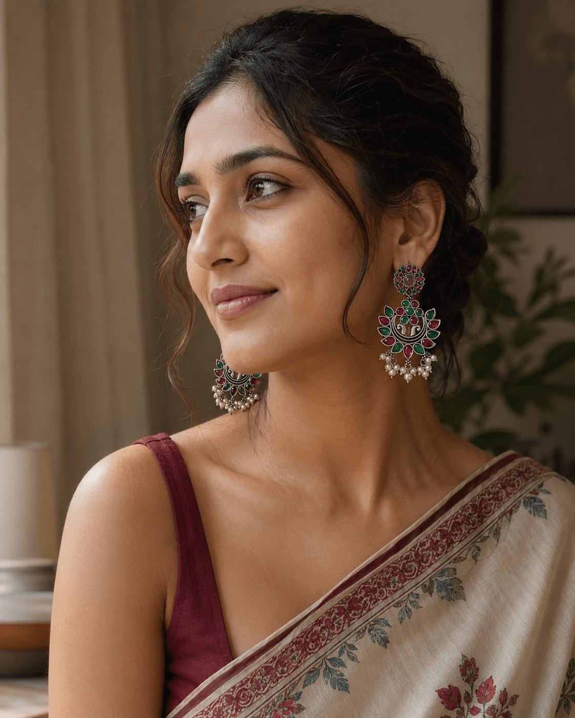 Royal Ruby & Emerald Peacock Chandbali Earrings with Pearl Drops |Oxidised Silver Earrings for Women - The Soul Jewellery