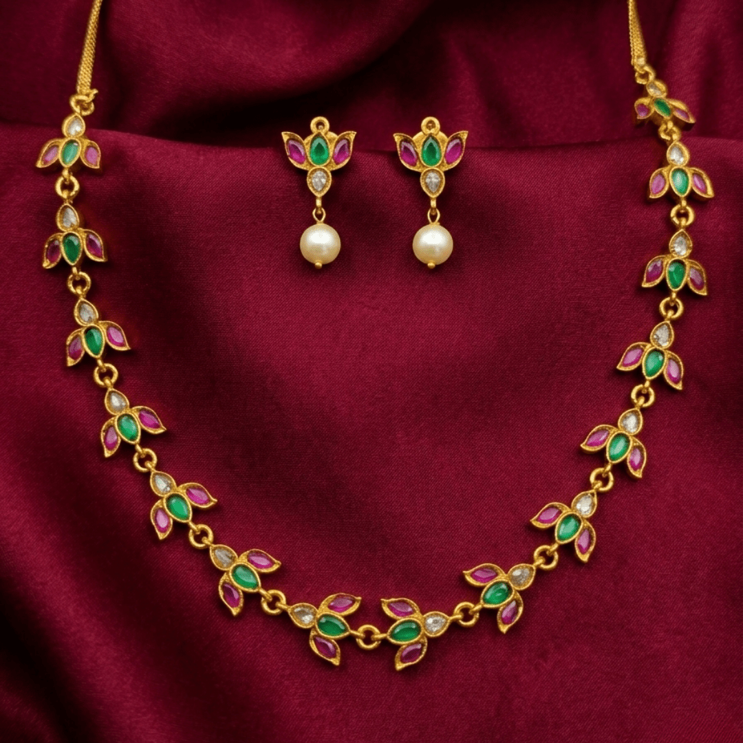 Royal Lotus Heritage™ Traditional Temple Necklace Set for Women – Gold Plated South Indian Floral Design with Ruby Green Stones & Pearl Drop Earrings - The Soul Jewellery