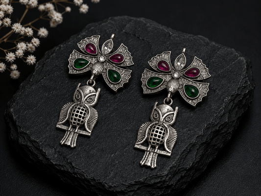 Vintage Oxidized Silver Owl Drop Earrings for Women | Green & Ruby Stone Statement Earrings - The Soul Jewellery