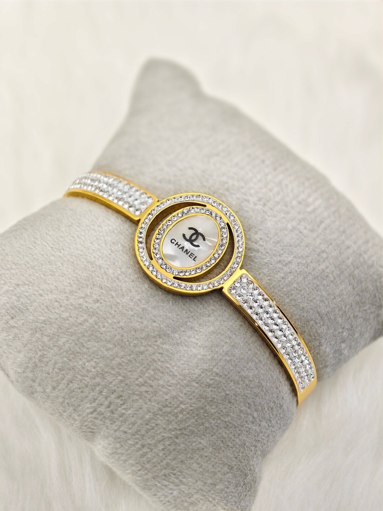 Luxurious 18K Gold Plated Anti - Tarnish Bangle with Chanel Engraving and Crystal Accents RGB247 - The Soul Jewellery