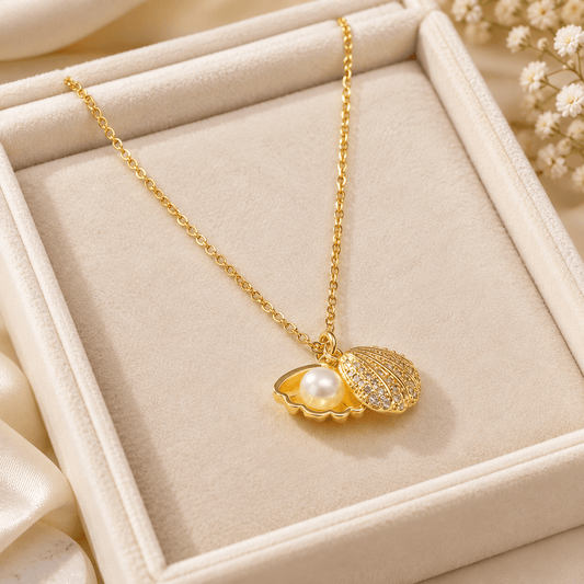 Gold-Tone Stainless Steel Shell Pearl Pendant Necklace for Women | Crystal Seashell Charm Necklace - Soul Jewellery