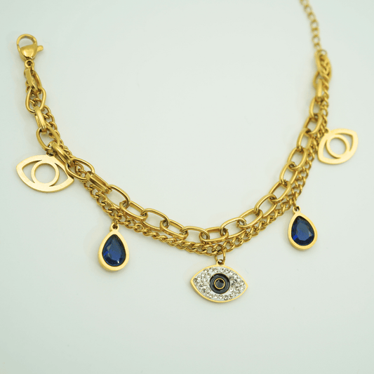 Luxury 18K Gold Plated Anti - Tarnish Evil Eye Charm Wristlet with Blue Teardrop Accents – Elegant Layered Design RGB315 - The Soul Jewellery