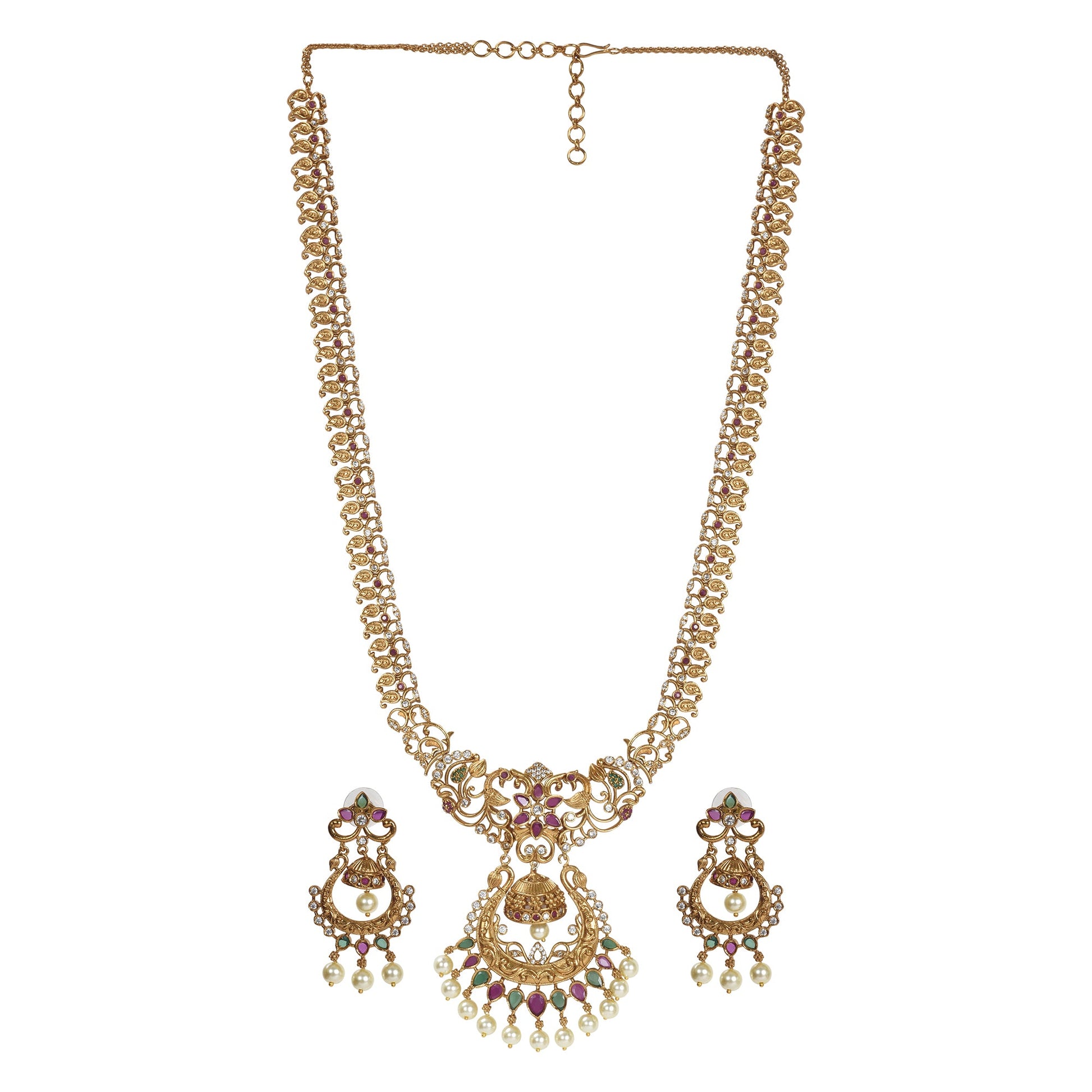 Anika Antique Matte Gold Plated Long Necklace Set with Peacock and Leaf Motif - The Soul Jewellery