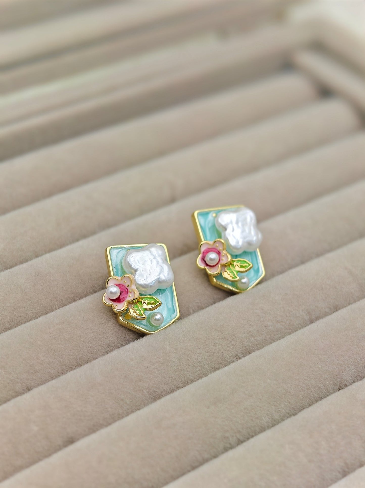 Demi - Fine Gold - Toned Enamel & Pearl Stud Earrings | Vintage Floral Statement Stainless Steel Jewelry - The Soul Jewellery