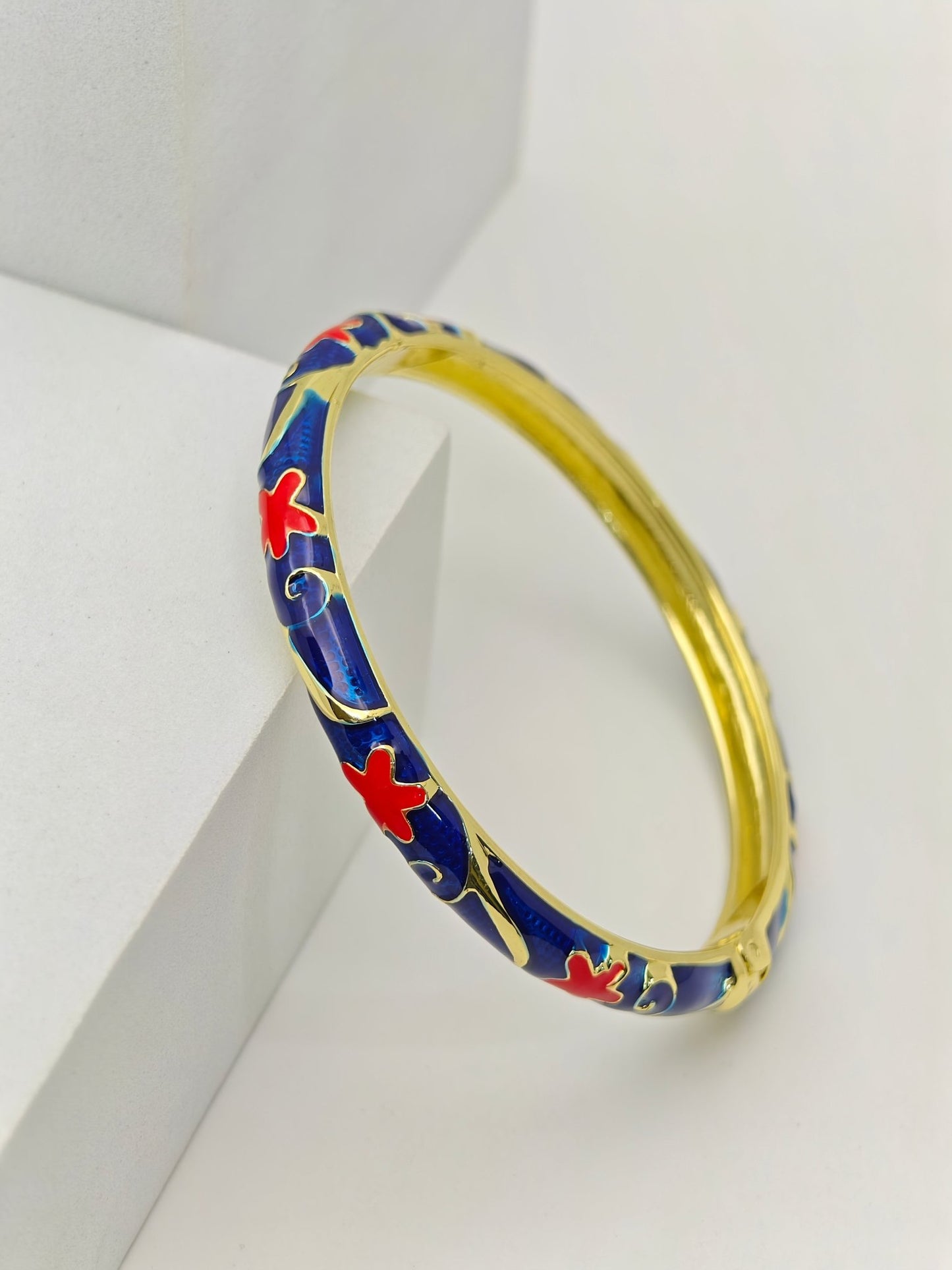 Blue Enamel Floral Gold Bracelet for Women – Azure Bloom Aura 6™ Anti - Tarnish Designer Enamel Bangle | Luxury Demi - Fine Kada for Women - The Soul Jewellery
