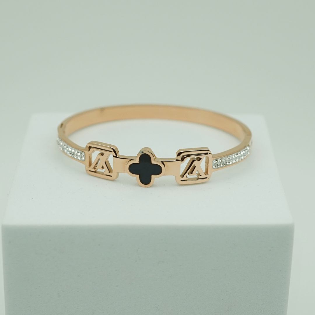 Sophisticated 18K Rose Gold Plated Anti - Tarnish Bangle with LV Logo Engraving, Clover Design, and Dazzling Crystal Accents RGB39 - The Soul Jewellery