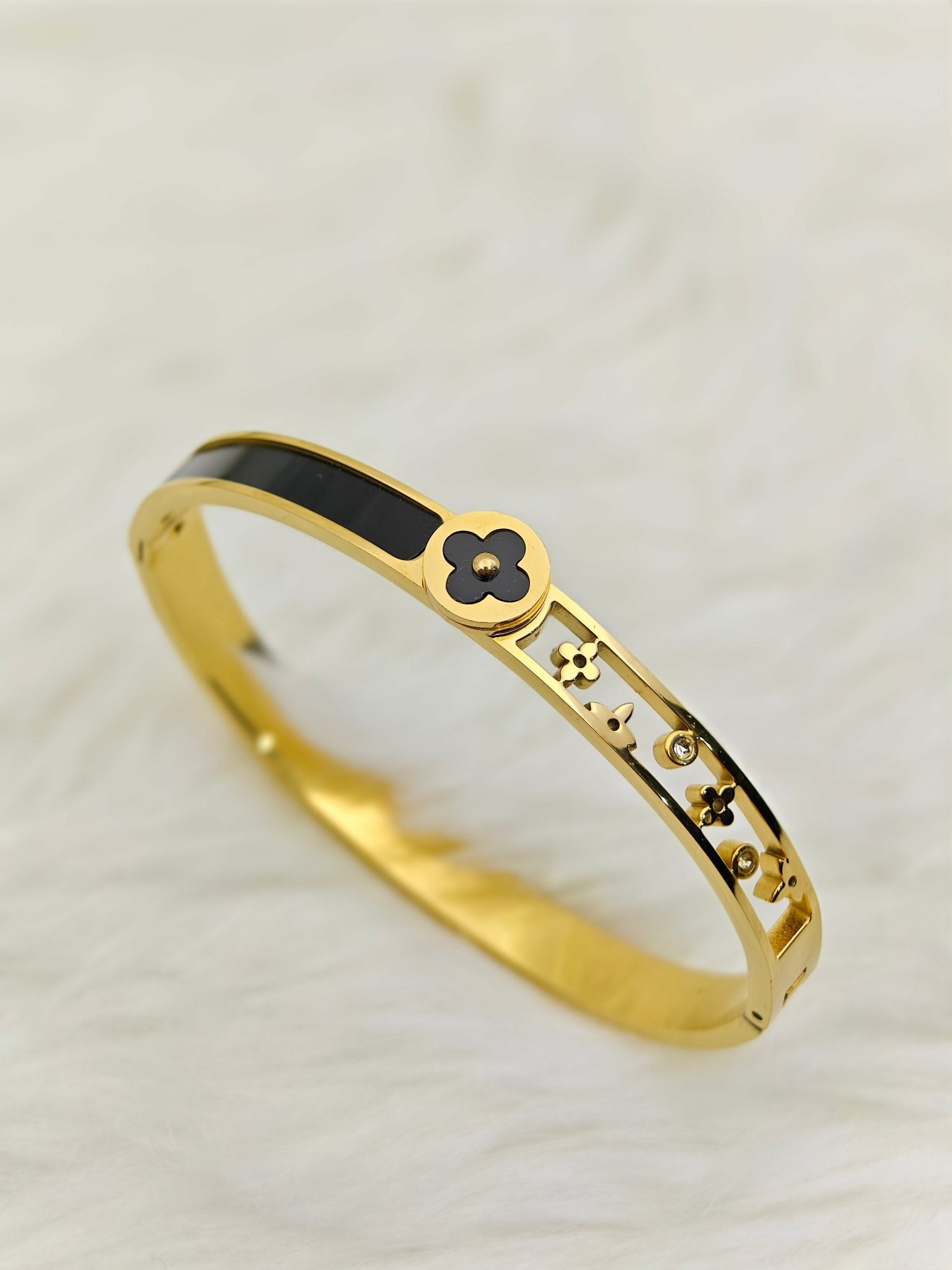 18K Gold Plated Anti-Tarnish Black Enamel Clover Bangle with Crystal Accents – Designer Bracelet - The Soul Jewellery