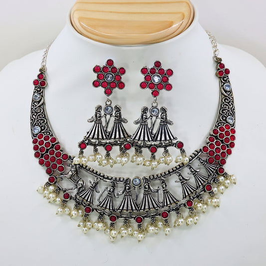 Monalisa Stone Studded King - Queen Oxidized Silver Replica Choker Necklace Set GSN184R - The Soul Jewellery