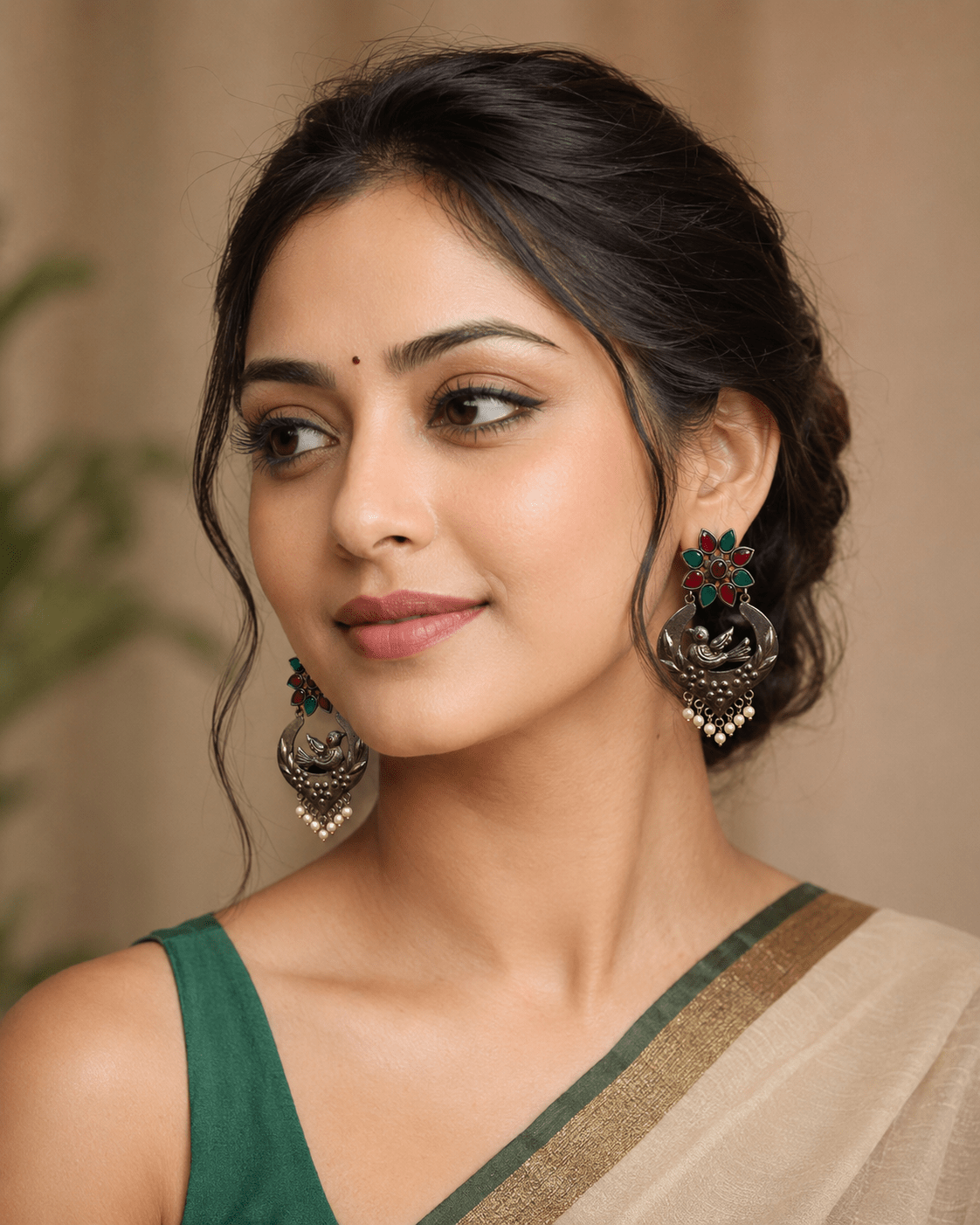 Bird Nest Motif Silver Lookalike Earring with Red and Green Stones and Pearl Drops for Women - The Soul Jewellery