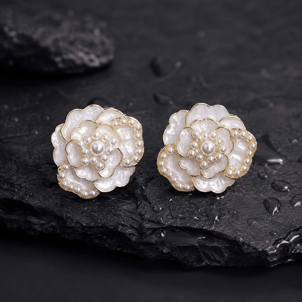 White Floral Pearl Stud Earrings for Women – Gold-Tone Layered Flower Demi Fine Earrings - Soul Jewellery