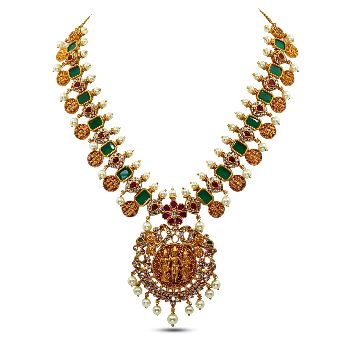 Mythily Antique Gold Plated Short Necklace Set with Ram Sita Coin Design - The Soul Jewellery