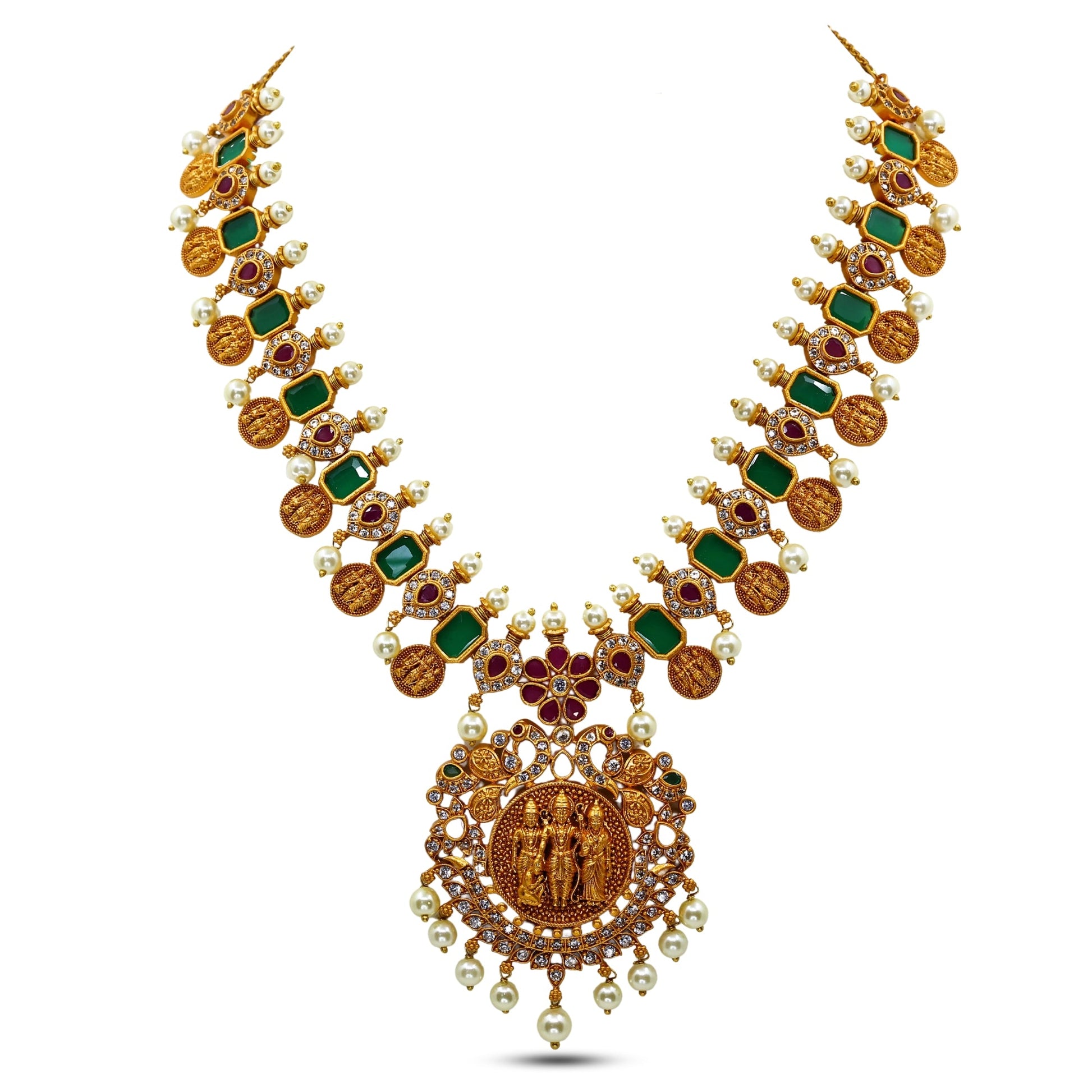 Mythily Antique Gold Plated Short Necklace Set with Ram Sita Coin Design - The Soul Jewellery