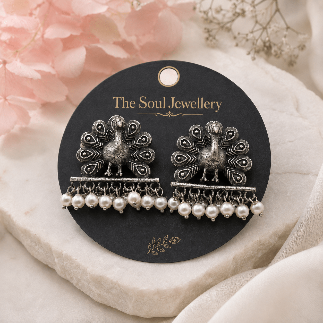 Oxidised Peacock Pearl Stud Earrings for Women – Antique Silver Replica Ethnic Boho Earrings - The Soul Jewellery