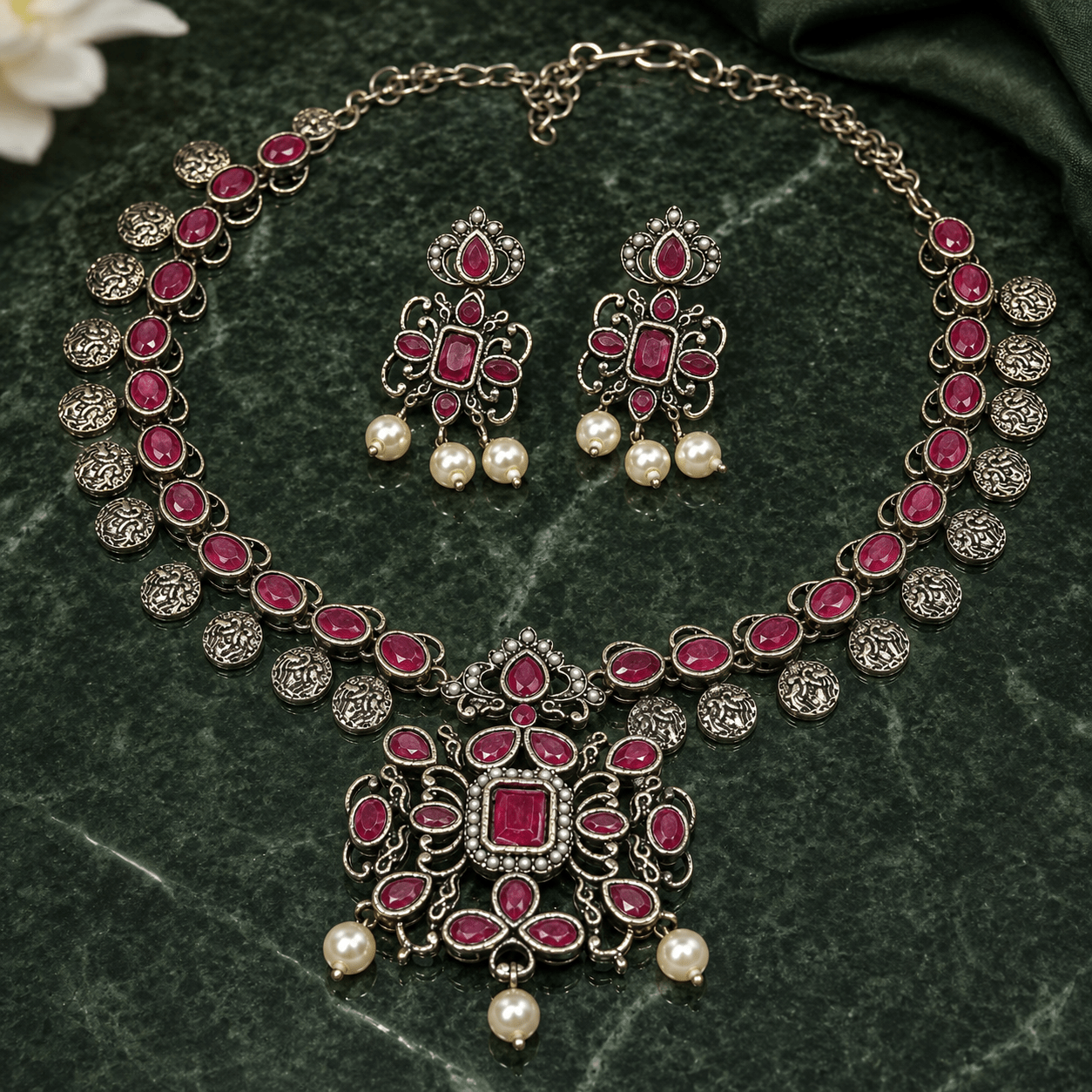 SoulBloom Heritage 6™ Antique Oxidised Temple Jewellery Set | Ruby Stone Necklace with Earrings - Soul Jewellery