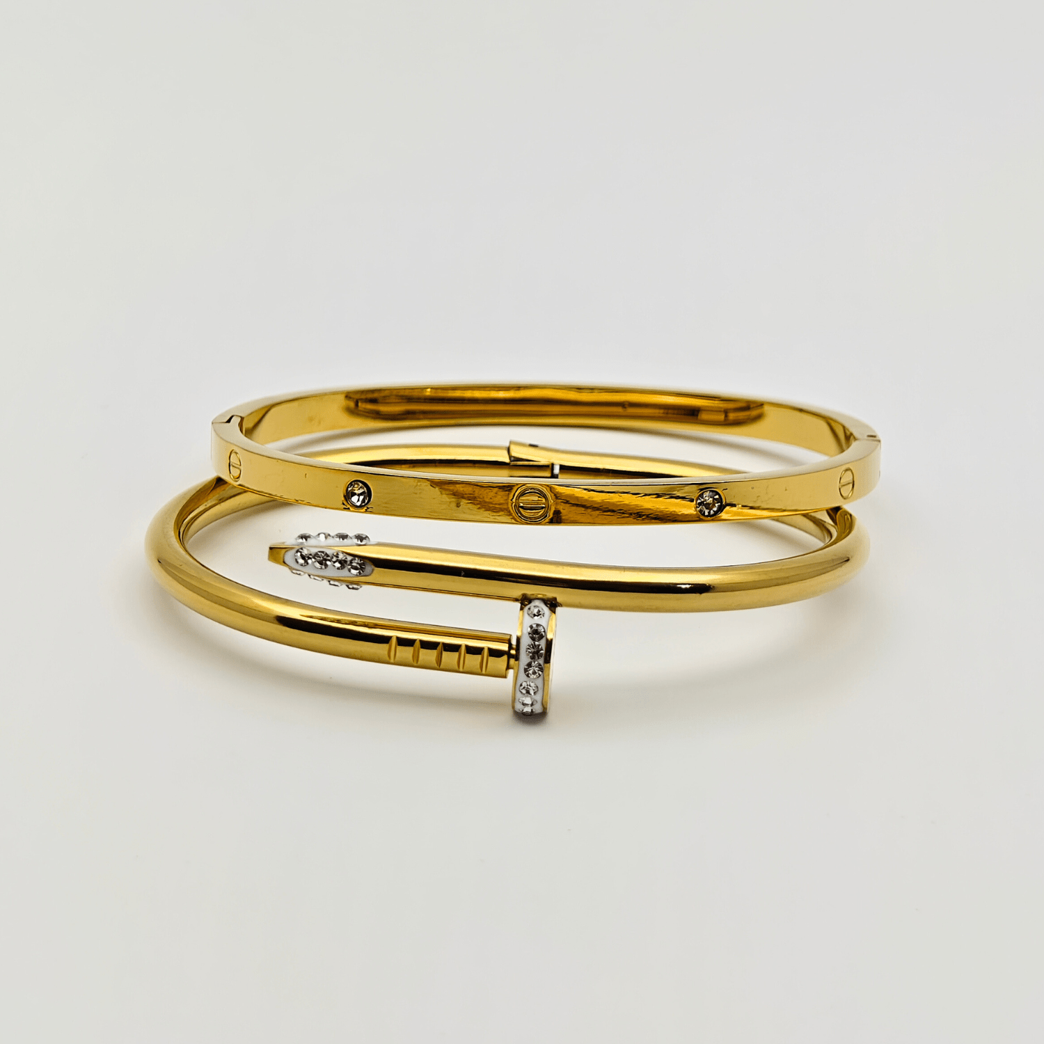 Dual Charm: Duo of 18K Yellow Gold Plated Bangles with Elegant Crystal Details RGB211 - The Soul Jewellery