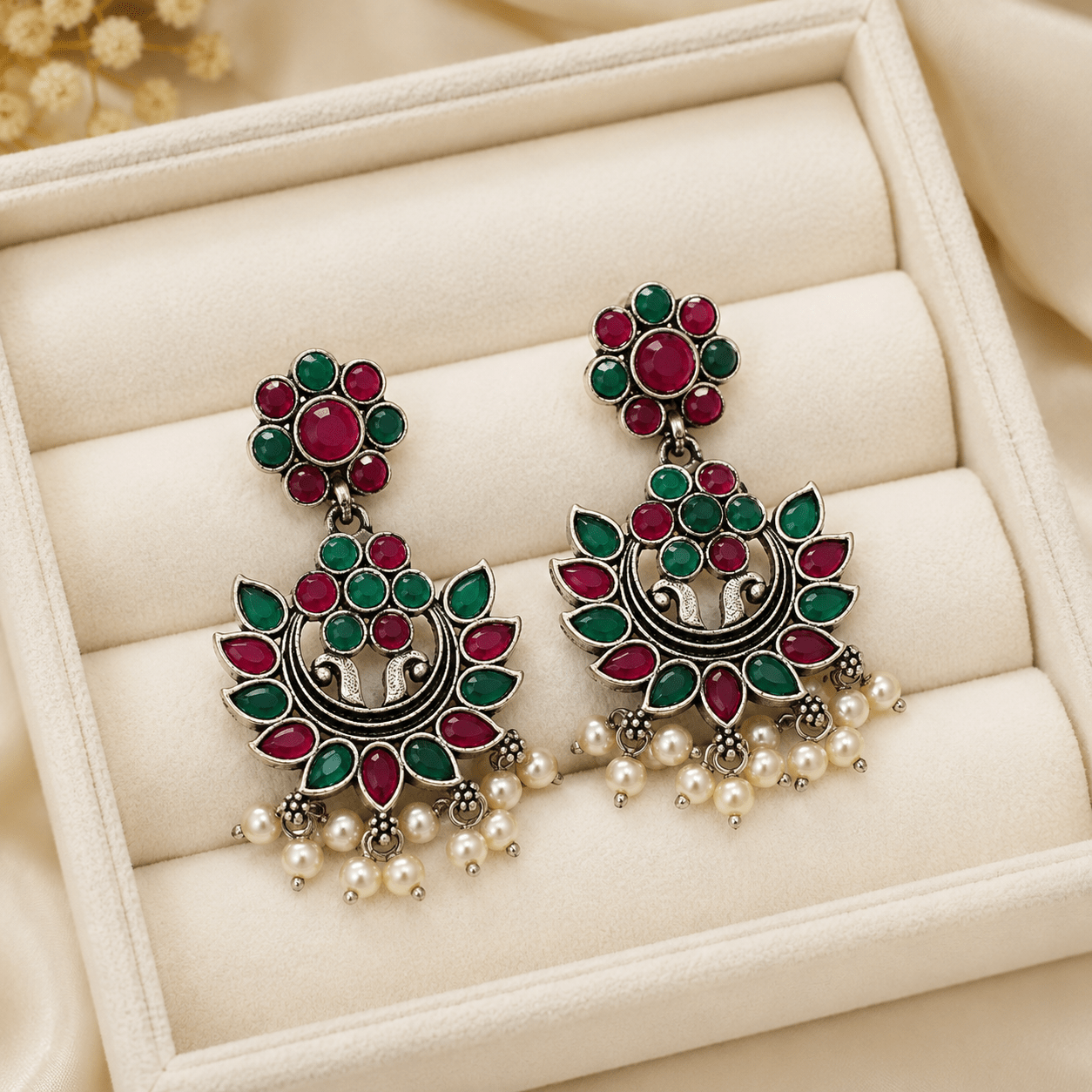 Royal Ruby & Emerald Peacock Chandbali Earrings with Pearl Drops |Oxidised Silver Earrings for Women - The Soul Jewellery