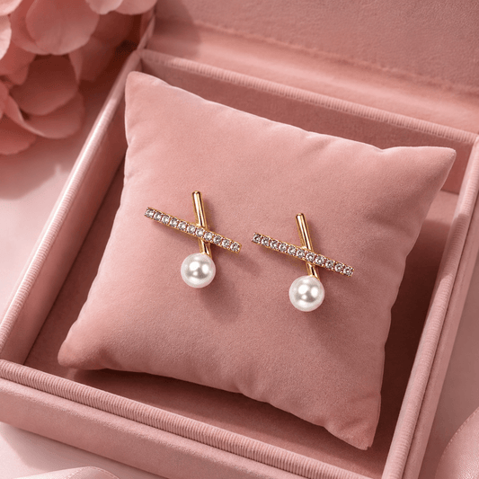 Gold-Tone Pearl & Crystal Bar Stud Earrings for Women – Minimal Geometric Demi Fine Earrings - Soul Jewellery