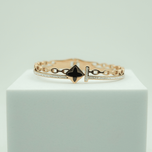 18K Rose Gold Plated Black Clover Charm Anti - Tarnish Openable Bangle – Elegant Good Luck Bracelet for Women - The Soul Jewellery