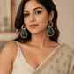 Oxidised Peacock Green Stone Earrings for Women | Antique Silver Pearl Drop Statement Earrings - The Soul Jewellery