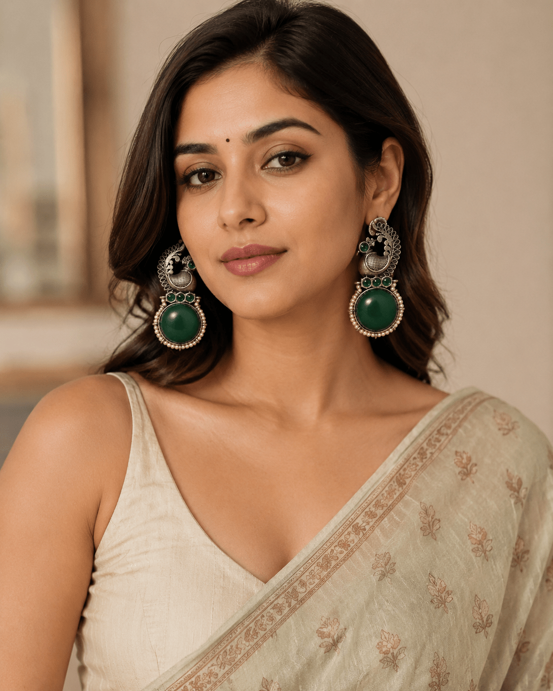 Oxidised Peacock Green Stone Earrings for Women | Antique Silver Pearl Drop Statement Earrings - The Soul Jewellery