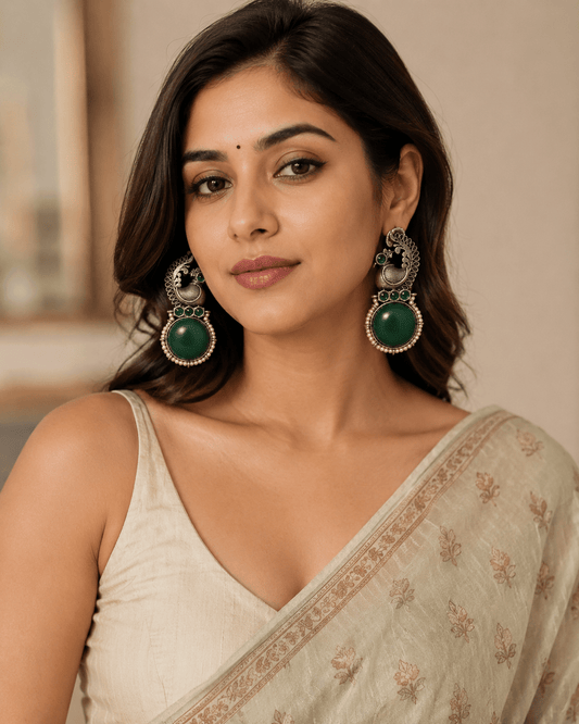 Oxidised Peacock Green Stone Earrings for Women | Antique Silver Pearl Drop Statement Earrings - The Soul Jewellery