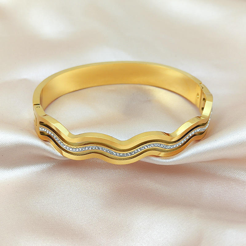 Waves of Elegance Aura 27™ Gold Cuff Bracelet for Women – Wave Design| Anti-Tarnish Demifine Bangle - The Soul Jewellery