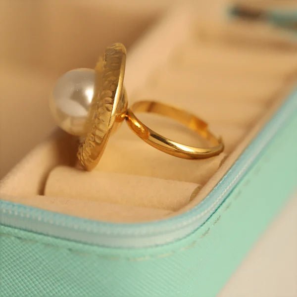Minimal Pearl Adjustable Ring | Anti - Tarnish Gold Ring with Hammered Design - The Soul Jewellery