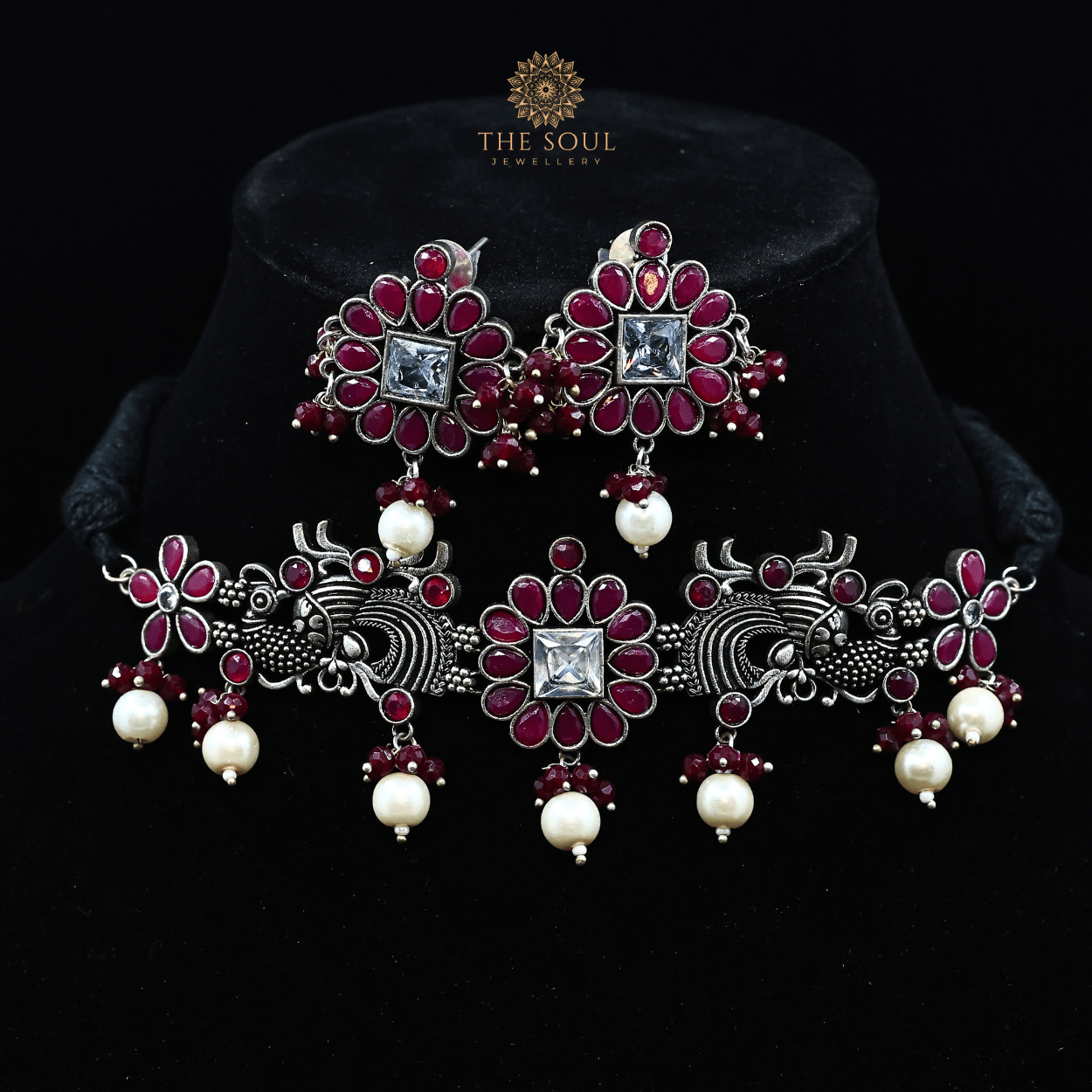 Elegant German Silver Plated Chocker Necklace and Earrings Adorned with Radiant Red Stones and Lustrous Pearls - GSN102R - The Soul Jewellery