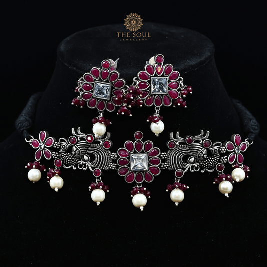 Elegant German Silver Plated Chocker Necklace and Earrings Adorned with Radiant Red Stones and Lustrous Pearls - GSN102R - The Soul Jewellery
