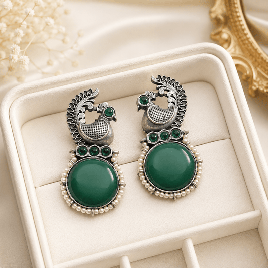 Oxidised Peacock Green Stone Earrings for Women | Antique Silver Pearl Drop Statement Earrings - The Soul Jewellery