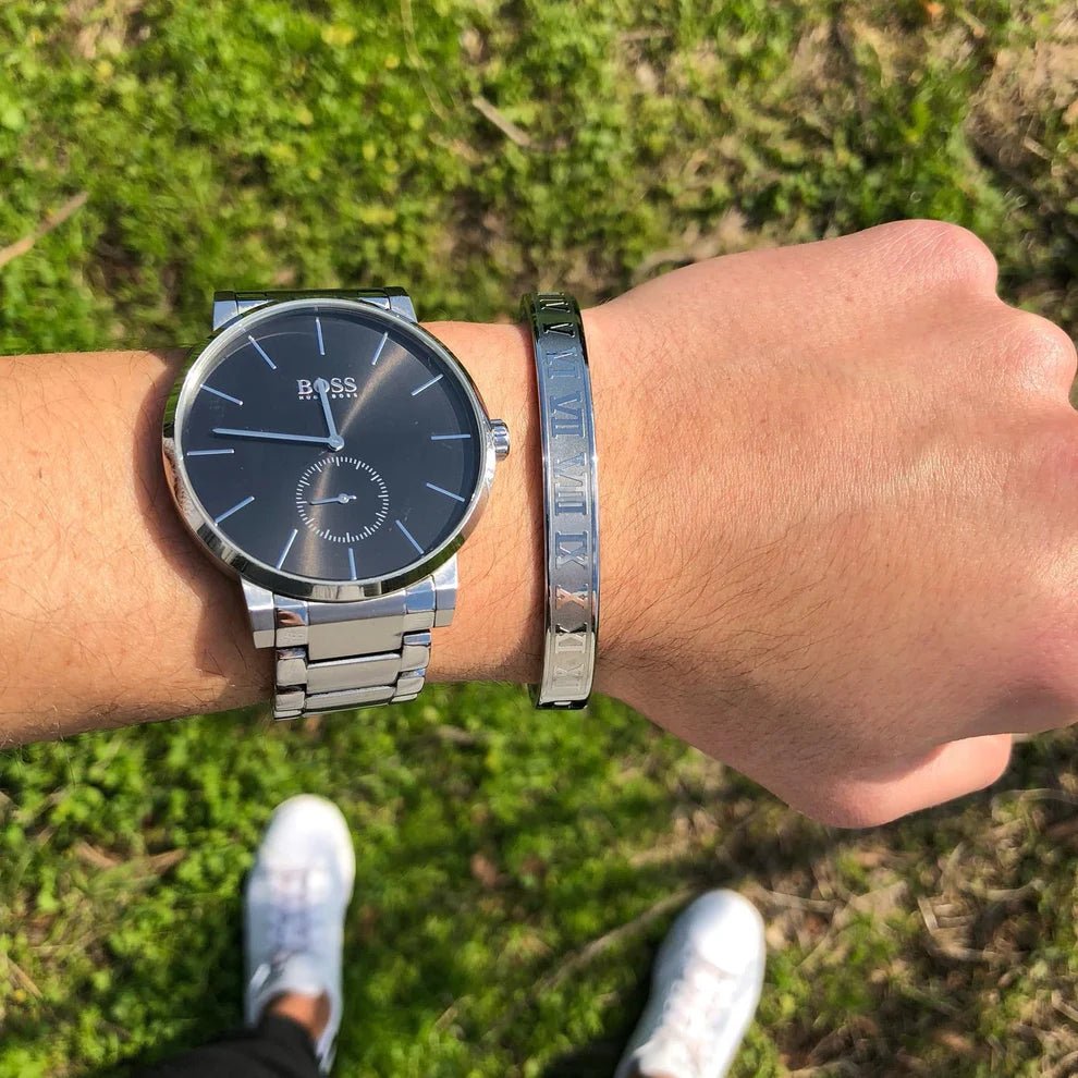 Men’s Roman Numeral Bracelet – Silver Stainless Steel Cuff | AntiTarnish Luxury Minimal Kada for Men - The Soul Jewellery