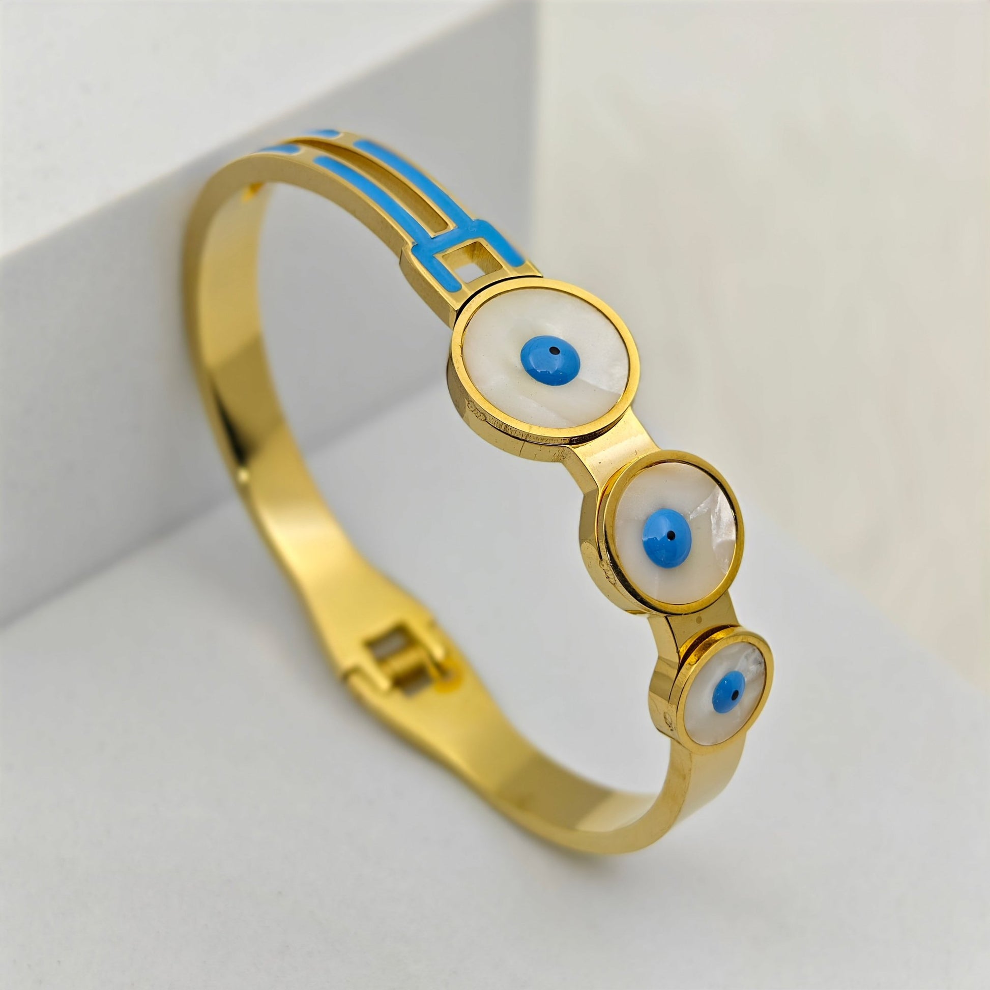 18K Gold-Plated Evil Eye Bracelet – Anti-Tarnish Stainless Steel Bangle - Blue Enamel & MOP accents - The Soul Jewellery