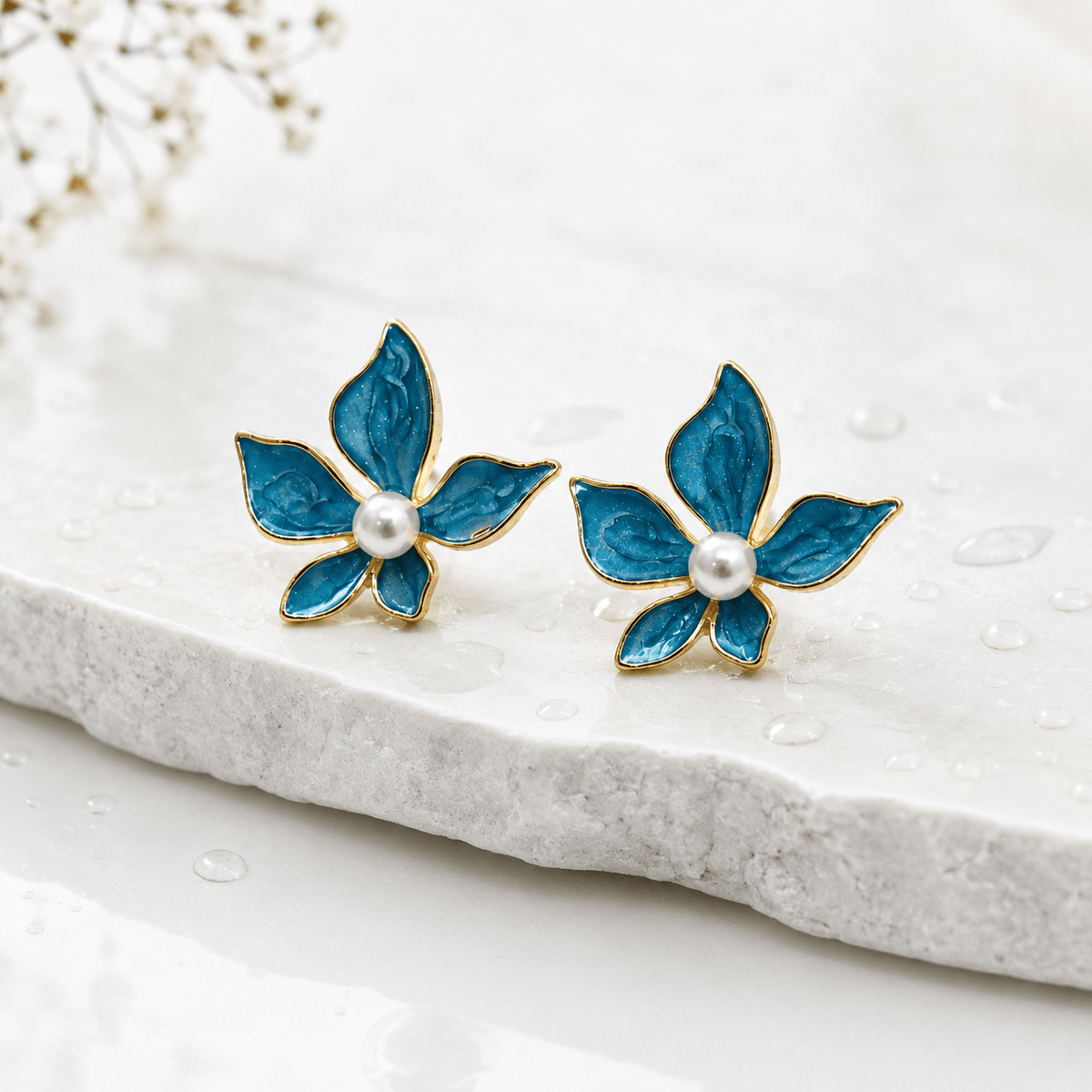 Blue Enamel Floral Pearl Stud Earrings for Women | Gold-Tone Flower Demifine Earrings - Soul Jewellery