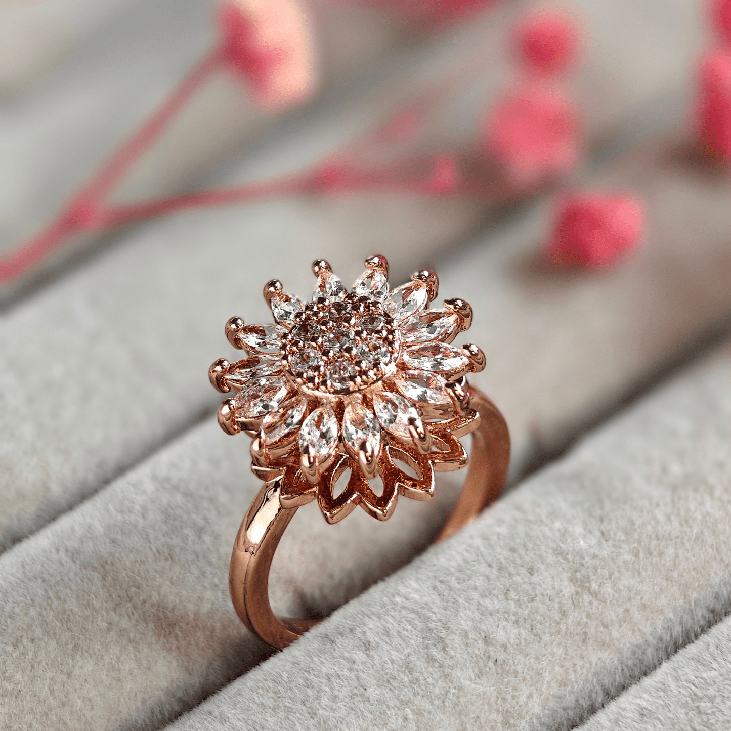 Daffodil Cubic Zirconia Studded Adjustable 18K Rose Gold - Plated Anti tarnish Spinner Ring RGR104 - The Soul Jewellery