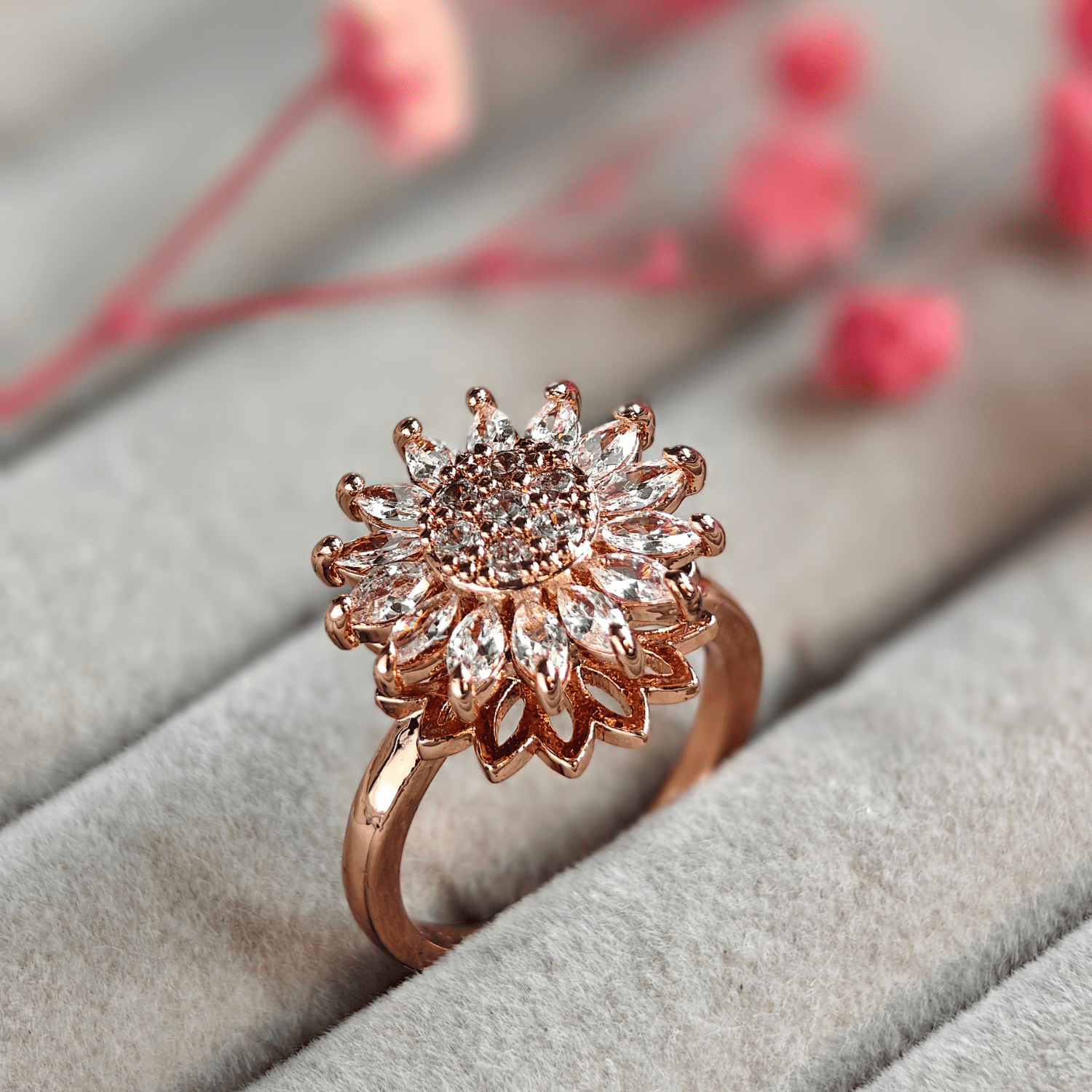 Daffodil Cubic Zirconia Studded Adjustable 18K Rose Gold - Plated Anti tarnish Spinner Ring RGR104 - The Soul Jewellery