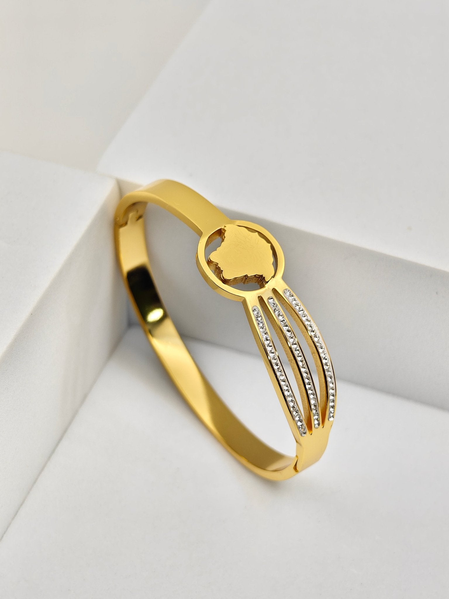 Trinity 27™ Gold Bracelet – Versace Inspired Triple Line CZ Studded Kada for Women | 18K Gold Plated Anti - Tarnish Stainless Steel Designer Bangle - The Soul Jewellery