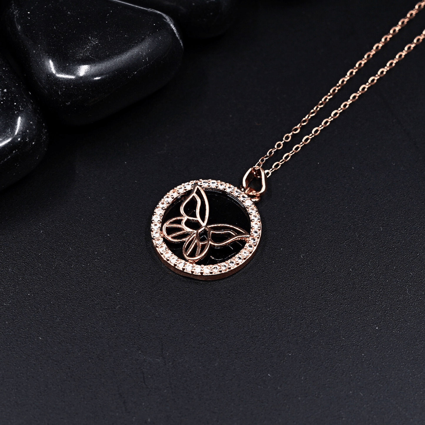 Eternal Flutter: Demi Fine Anti-Tarnish Butterfly Pendant Necklace with Galaxy-Inspired Black Stone - The Soul Jewellery