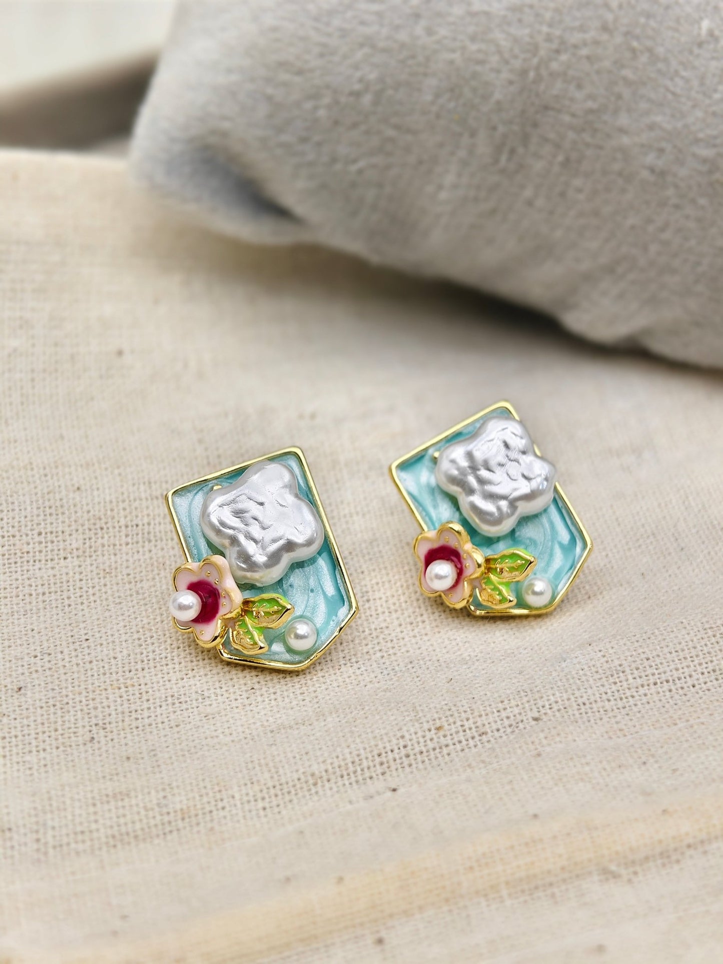 Demi - Fine Gold - Toned Enamel & Pearl Stud Earrings | Vintage Floral Statement Stainless Steel Jewelry - The Soul Jewellery