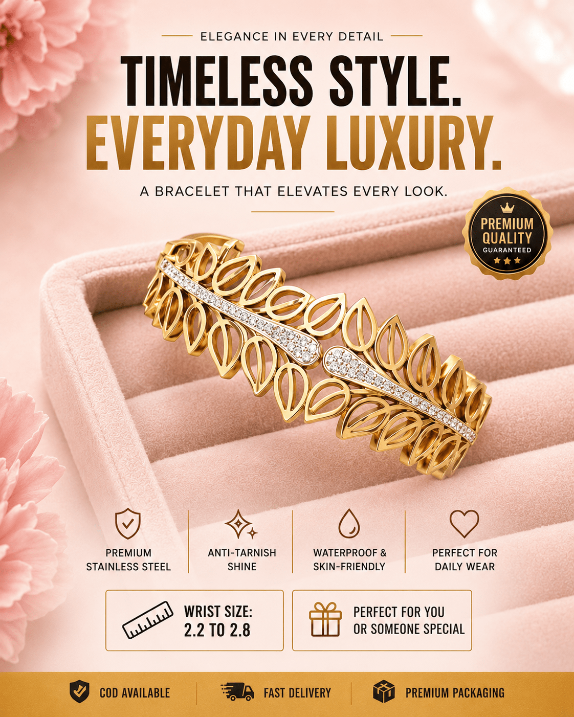Luxury 18K Gold - Plated Floral Bangle – Anti - Tarnish Crystal Accent Everyday Bracelet for Women - The Soul Jewellery